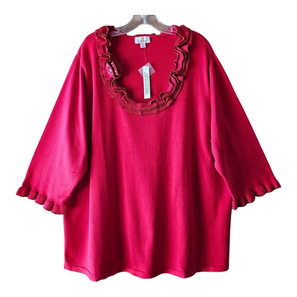 QUACKER FACTORY Plus 2X Sweater Red Sequined Metallic Ruffles Holiday Christmas